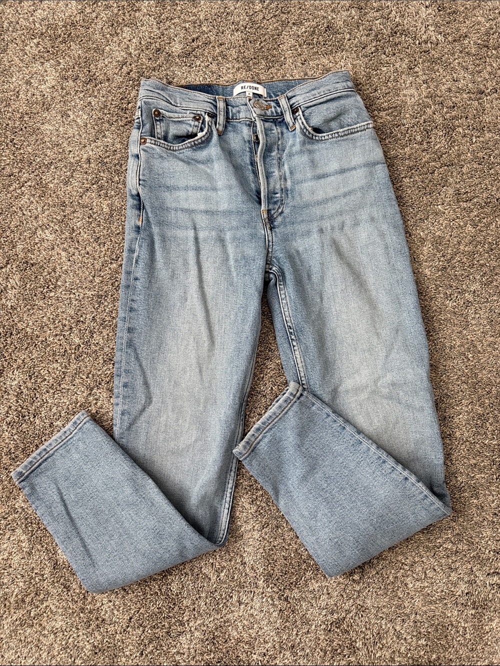 Re/Done Light Blue Straight Leg High-Rise Jeans. 90s high-rise ankle crop.